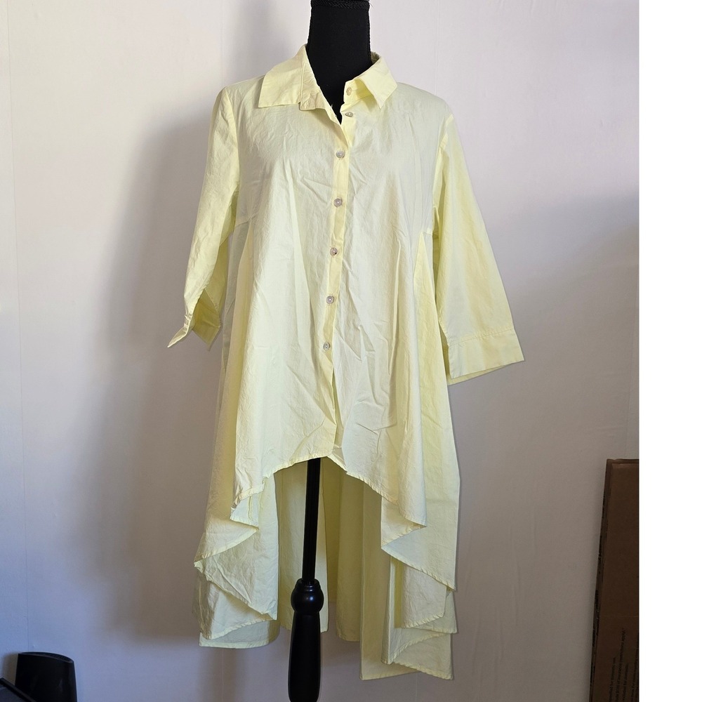 Women Shirt Dress Large Yellow High Low Button Front Cotton lagenlook vacation